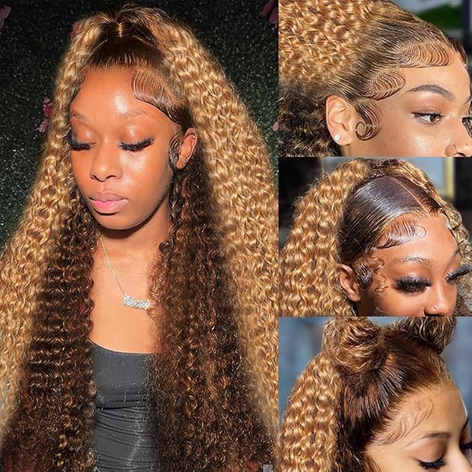 Drawstring Wig Human Hair Honey Blonde 360 Lace Front Wigs Human Hair Invisi Strap Ombre Deep Wave Lace Front Wigs 360 HD Full Lace Frontal Glueless Wigs Hidden Strap Ombre Deep Curly Wig