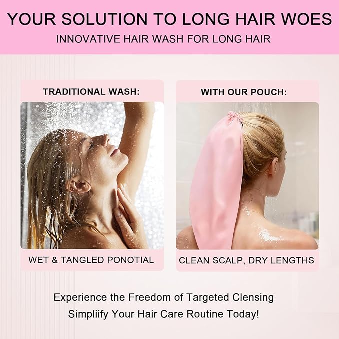 Waterproof Hair Sleeve for Long Hair, Crown Washing Shower Cap Ponytail, Reusable Adjustable, Quick Root Refresh for Shower Gym Travel Pool Beach, Time Saver (Purple+Pink, 2PC)