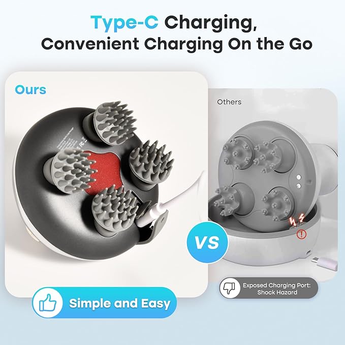 arboleaf Scalp Massager Rechargeable Head Massager Scalp Stress Relax, Waterproof Handheld Hair Scratcher with 8 Removable Massage Claws, Gift for Dad Mom