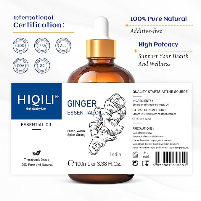 HIQILI Pure Ginger Essential Oil 3.38 Fl Oz, Pure Natural Premium Ginger Oil for Massage, Diffuser, Large Bottle with Dropper & Gift Box -100ml