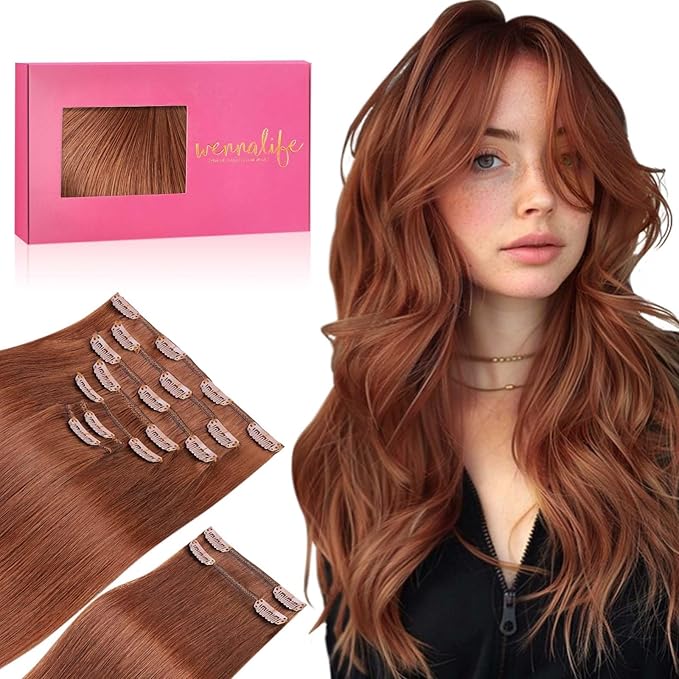WENNALIFE Clip in Hair Extensions Real Human Hair, 20 Inch 150g 9pcs Human Hair Extensions Clip In, Dark Auburn Copper Hair Extensions Clip In Real Hair Coloured Remy Human Hair Extensions