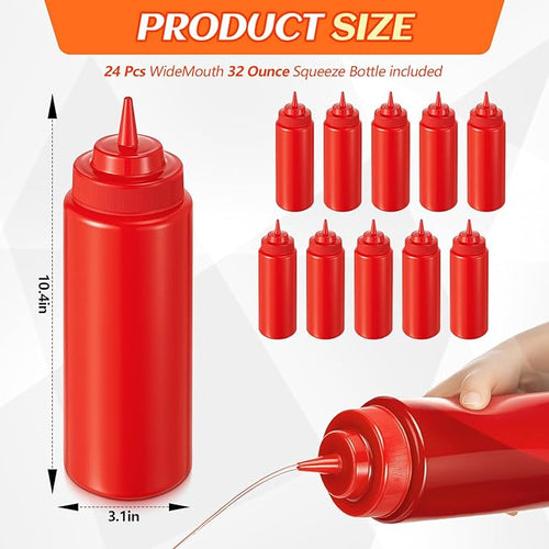 24 Pcs 32 oz Squeeze Bottle Large Plastic Wide Mouth Squeeze Bottles for Condiment Sauces Chocolate Ketchup Mustard BBQ Grill Restaurant (Red)