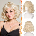 BARSDAR Light Blonde Short Wavy Wig with Bangs - Short Wavy Blonde Wigs for Women - Soft Synthetic Textured Curly French Bob Wig with Bangs Natural Looking Face-Framing Daily Party Halloween