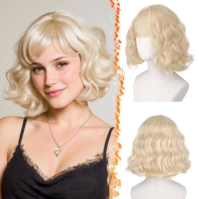 BARSDAR Light Blonde Short Wavy Wig with Bangs - Short Wavy Blonde Wigs for Women - Soft Synthetic Textured Curly French Bob Wig with Bangs Natural Looking Face-Framing Daily Party Halloween