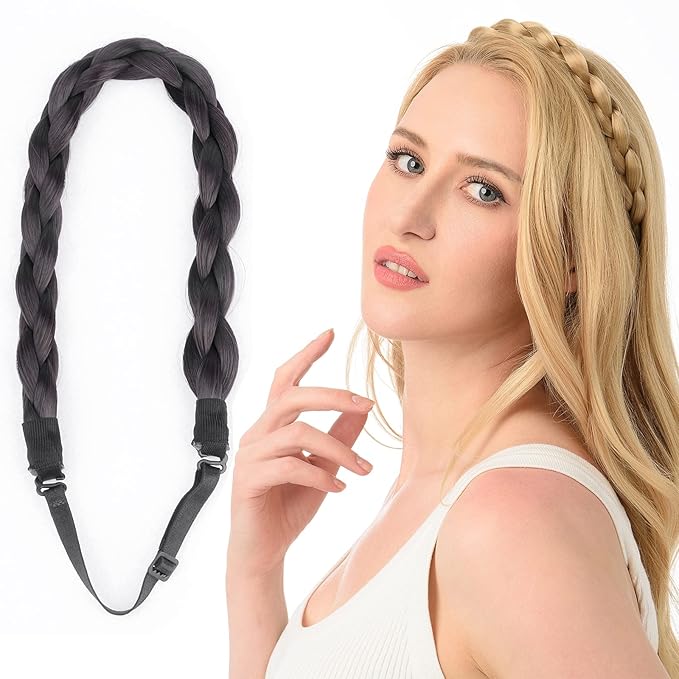 DIGUAN Chubby Narrow Synthetic Hair Braided Headband Classic Chunky Plaited Braids Elastic Stretch Hairpiece Women Girl Beauty accessory, 58g (Natural Black)