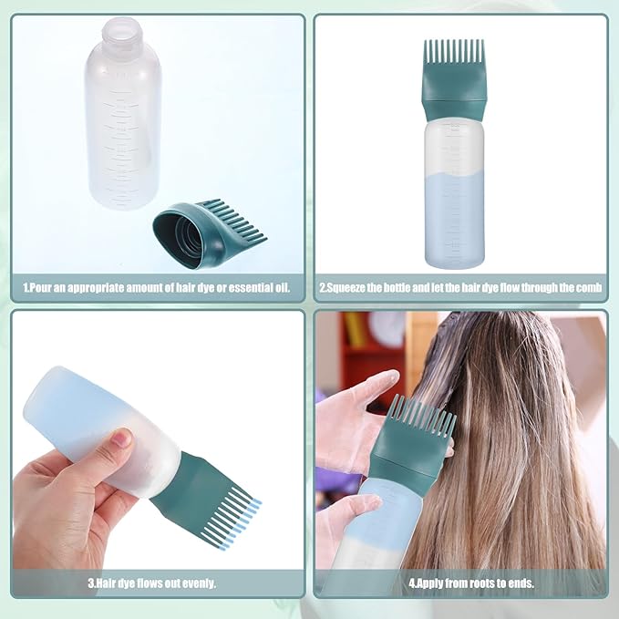 Pimoys Hair Oil Applicator Bottle 6 Ounce, 2 Pack Root Comb Applicator Bottles Hair Dye Bottle Oiling Applicator Brush with Graduated Scale, Dark Blue