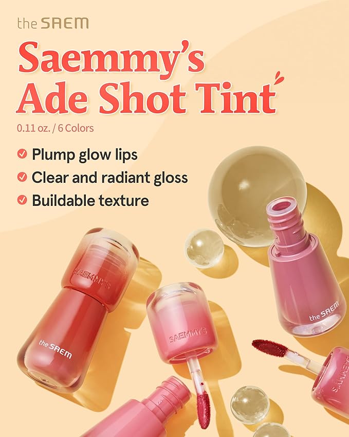 THESAEM Saemmy's Ade Shot Tint (03, 04) - Korean Lip Titnt, Water Gel Lip Stain with Plump Glowy Moisturizing Finish, Buildable Radiant Gloss, Long-Lasting Comfort, 0.1 fl.oz.