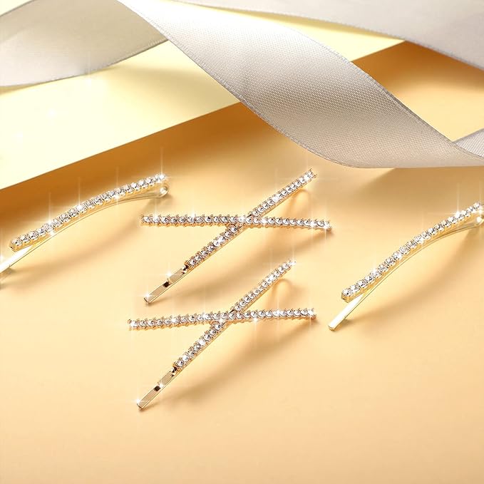 12 Pieces Rhinestone Bobby Pins Decorative Fancy Crystal Hair Clips Shiny Metal X Shaped Barrettes Bling Diamond Wedding Bridal Shower Hair Accessories for Women Ladies Girls (Gold)