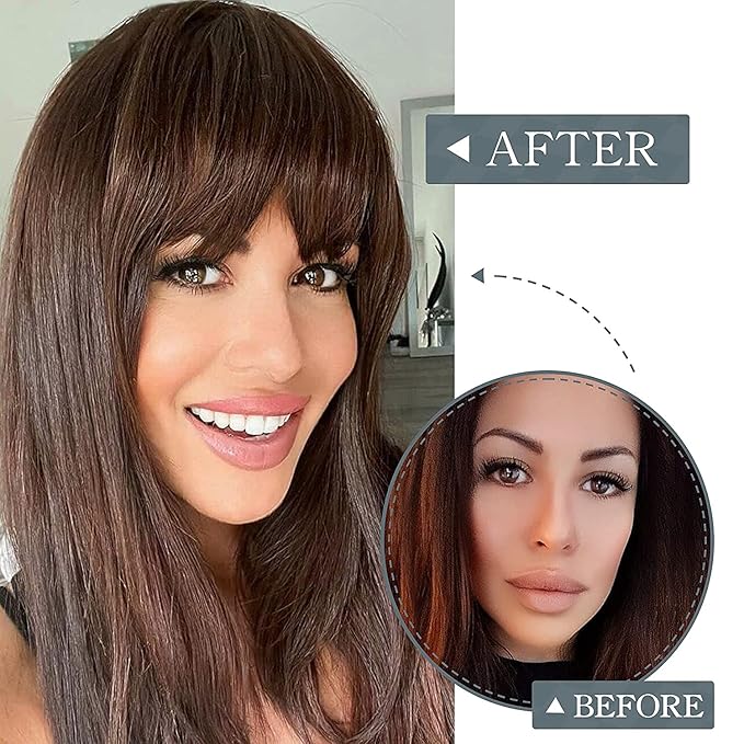 BARSDAR Medium Brown Human Hair Bangs Clip in - 100% Real Human Hair Clip in Bangs for Women - Medium Brown French Bang Extensions Natura Fringe with Temples Hairpieces