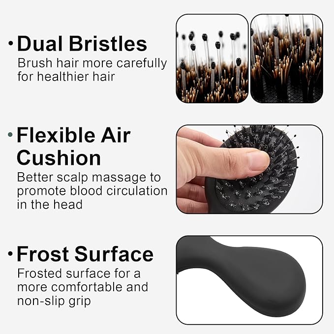 Mini Boar Bristles Hair Bursh, Travel Size Hair Brush for Women Men Kids, Protable Small Hair Brushes for Pockets Purses, Mini Hair Brush for Smooth Add Shine (1 Pack-Black)