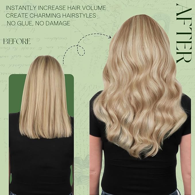 RUNATURE Blonde Clip in Hair Extensions Human Hair, Real Hair Extensions Clip in Human Hair, Remy Thick Hair for Women, Double Weft, 12 Inch 80g 7pcs #18P60 Ash Blonde HIghlight