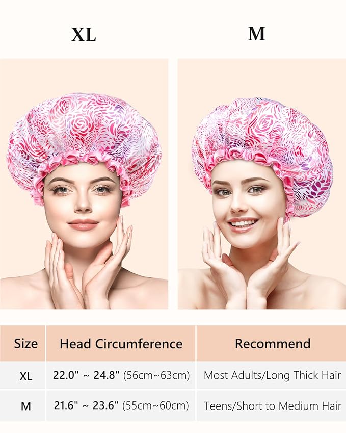 mikimini Large Shower Cap for Women Long Hair, 1 Pack,Romantic Petal Design, Double Layer Waterproof, Reusable, Washable, High-quality, Floral Print