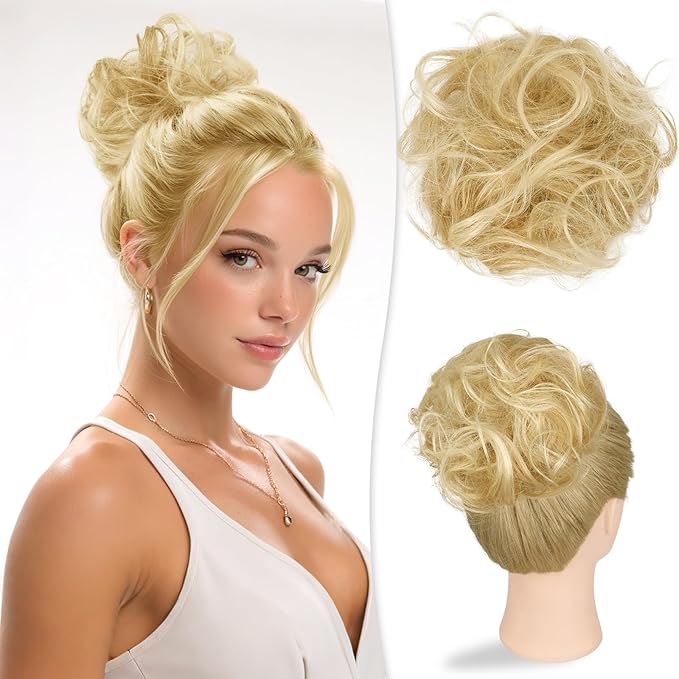 RUWISS Large Messy Bun Hair Piece 100% Human Hair Layered Wavy Curly Hair Buns Hair Piece for Women Updo Hairpiece for Daily Wear Real Hair Ponytail Extension (Golden Blonde)