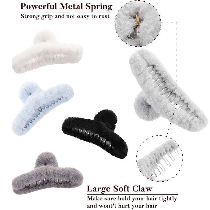 5PCS Large Claw Hair Clips for Thick Hair Big Fuzzy Hair Clips for Women Nonslip Strong Hold Hair Claw Clip (Blue)