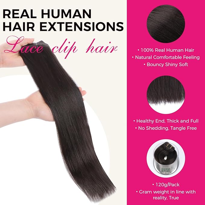 Lashey Straight Clip in Hair Extensions for Black Women 18 Inch 7pcs #2 Dark Brown Hair Extensions Real Human Hair Lace Clip Ins 120g Thick Human Hai