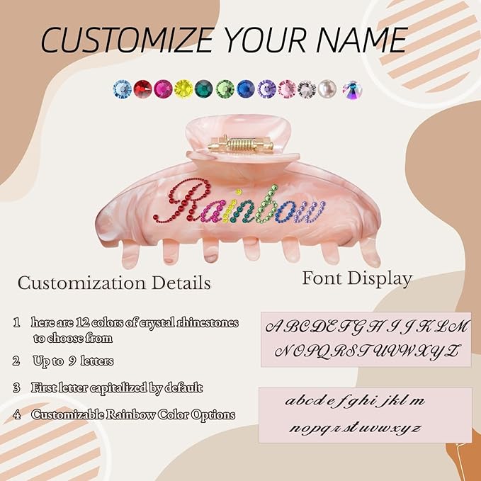Personalized Colorful Name Hair Claw Clips for Women,Custom Hair Clips with Diamond,Cute Hair Accessories 4",Handmade Rhinestones Hair Clamp Gifts for Mom,Bride,Wife,Bridesmaid,Couples