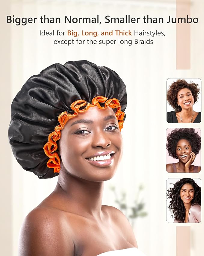 mikimini Large Shower Cap for Women Long Hair, Black, Reusable Waterproof Double Layers XL Washable Colorfast Odorless High-Quality Shower Cap for Men with Vibrant Orange Edge