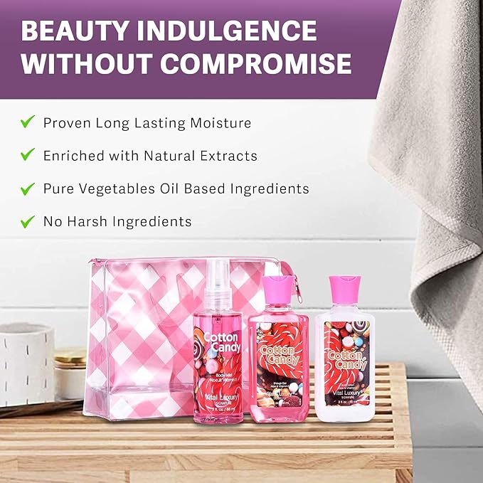 Bath & Body Care Travel Set - Home Spa Set with Body Lotion, Shower Gel and Fragrance Mist, Valentines Day Gifts for Her and Him(Cotton Candy)