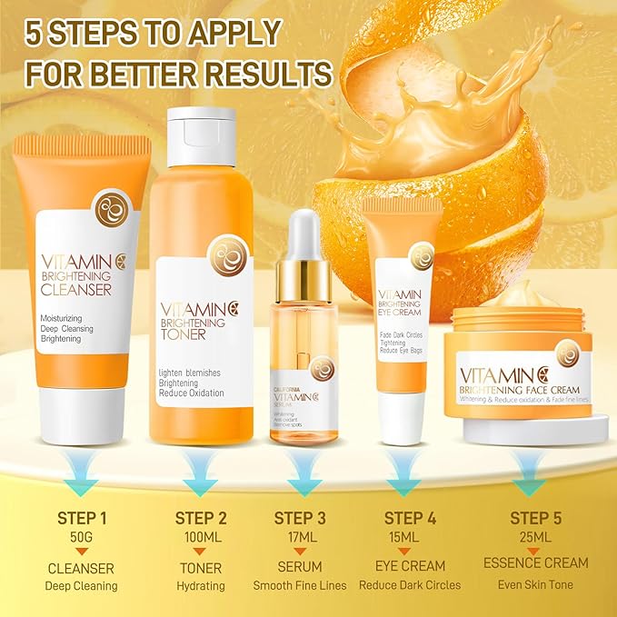 Skin Care Set, Vitamin C Skin Care Sets & Kits, Skin Care for Teenage Girls Gift Set with Cleanser, Toner, Serum, Eye Cream, Facial Cream, Facial Skin Care Sets & Kits for Teenage Girls Women