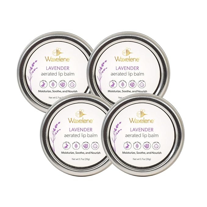 Waxelene Lavender Aerated Lip Balm Tin 4 Piece, Best Lip Balm Ever Organic Calming Multipurpose Ointment Baby Eczema Dry Skin Face Moisturizer