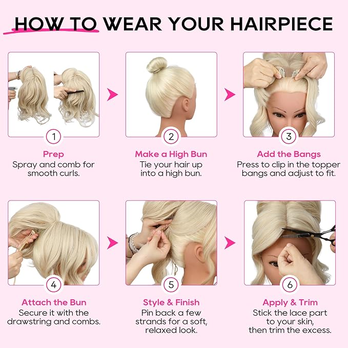 REECHO Messy Bun Hair Piece with Bangs – 2-in-1 Drawstring Ponytail Extension Updo Wig & Hair Topper with Long Side Bangs, Natural-Looking Hair Bun Hairpieces for Women - Light Brown