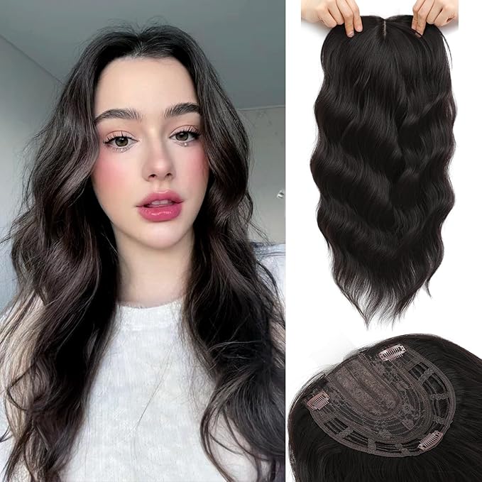 Hair Topper, 360° 3D Hair Toppers for Women with Thinning Crown, 18 Inch Long Wavy Curly Hair Pieces Clip in Bangs (Brown Black, 18 inch, Side Bangs)