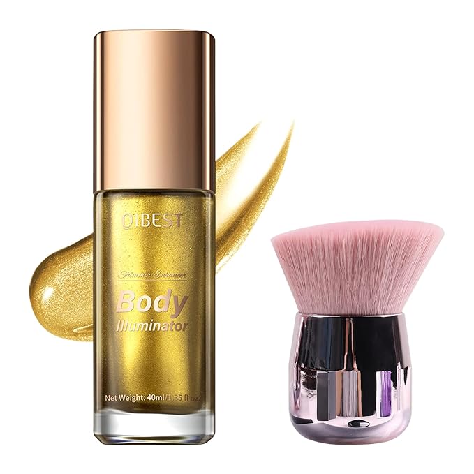 40ml Body Shimmer Oil,Face and Body Liquid Luminizer,Smooth Body Shimmer Oil For Sunshine Bath, Waterproof Moisturizing Light Shimmer Glow Illuminator,Liquid Highlighter Makeup,Makeup Brush Include (5#-Gold)
