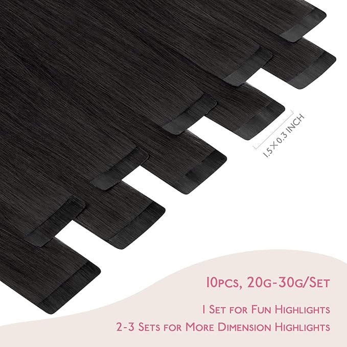 WENNALIFE Tape in Hair Extensions Human Hair Natural Black Tape in Extensions, 10pcs 25g 16 inch Remy Invisible Tape Ins Straight Colored Soft Real Human Hair Tape in Extensions Refill Set Extensions