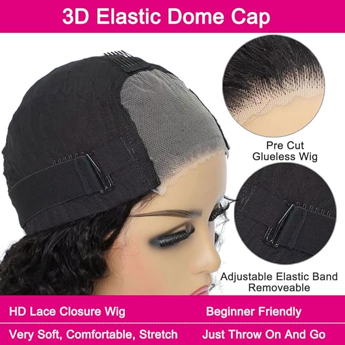 GOLFMAX Glueless Wigs Human Hair Pre Plucked Pre Cut 4X4 Lace Closure Bob Wig Human Hair Deep Wave Curly Short Bob Wig 14 Inch Wet and Wavy Lace Front Wigs With Elastic Band