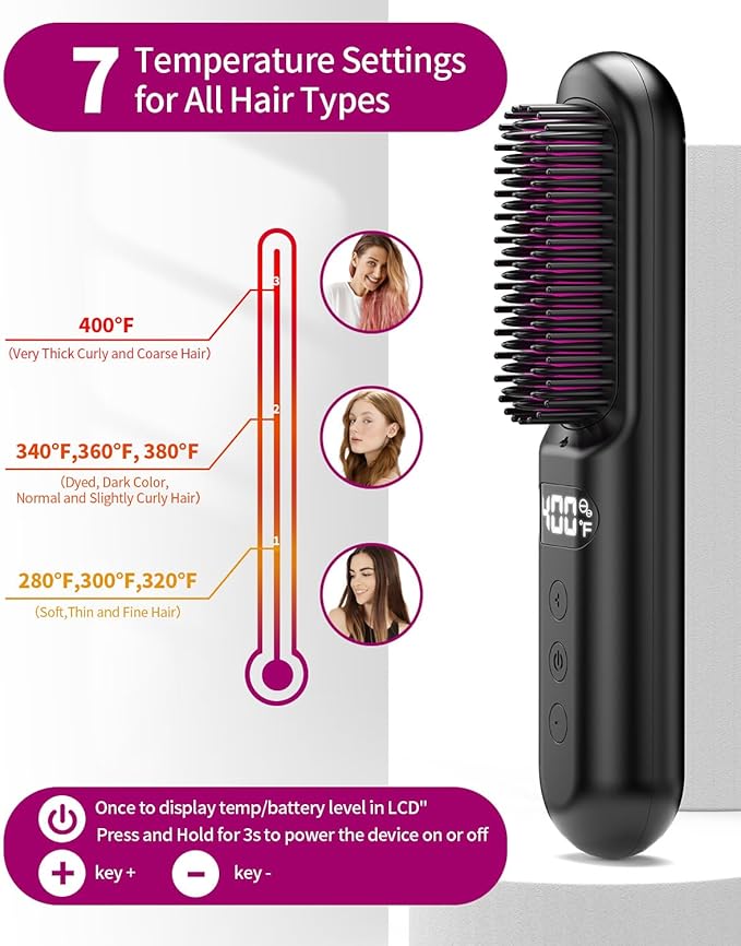 YFG Cordless Hair Straightener Brush, 10000mAh Battery, Ionic Thermal Wireless Hot Hair Brush Heat Comb (Black), Portable