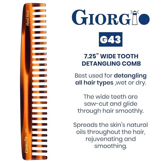 Giorgio G43 Large 7.25 Inch Hair Detangling Comb, Wide Teeth for Long Thick Curly Wavy Hair. Detangler Comb For Wet and Dry Hairs. Handmade of Quality Cellulose, Saw-Cut, Hand Polished, Tortoise Shell