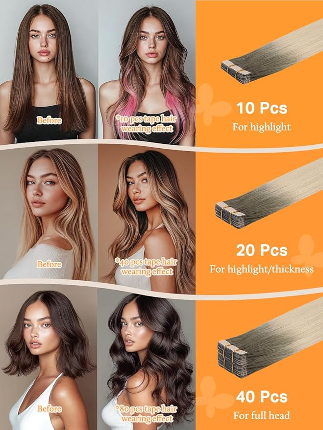 DOORES Hair Extensions Tape in Human Hair Balayage Light Ash Brown to Ash Blonde 18 Inch 40pcs 100g Real Tape in Human Hair Extensions Straight Skin Weft