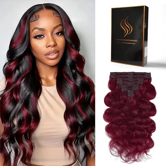 Clip in Hair Extensions Real Human Hair Body Wave 99J Burgundy Clip in 100% Brazilian Remy Human Hair Extensions 8pcs Per Set with 18 Clips Double Weft 16 Inch 90g/3.6oz