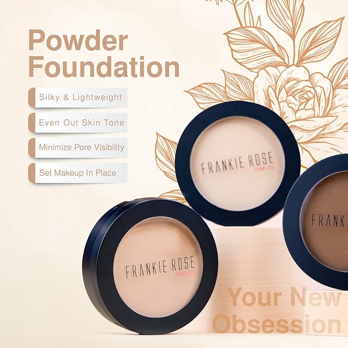 Frankie Rose Cosmetics Powder Foundation – Full Coverage Face Powder For Pores & Imperfections, Evens Out Skin Tone & Shine-Control | 58 Grams (Tan)