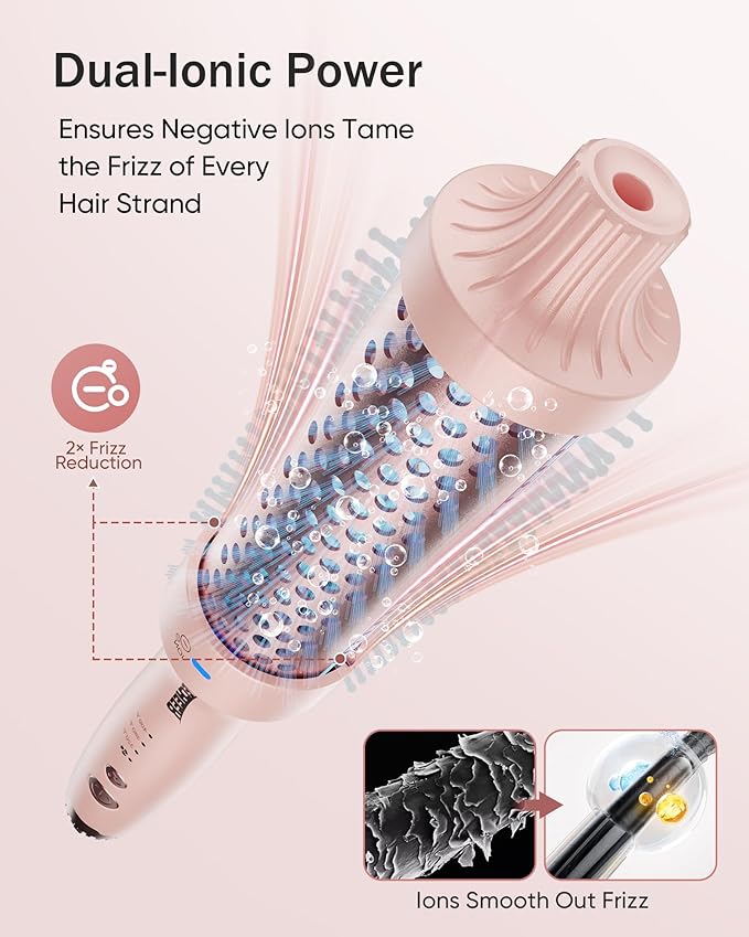 Thermal Brush for Blowout Look, 360° Airflow Heated Round Brush with 2× Negative Ions Release for Less Frizzy, 1.5 Inch Dual Voltage Heated Curling Brush for Travel, Dual PTC Technology, Pink