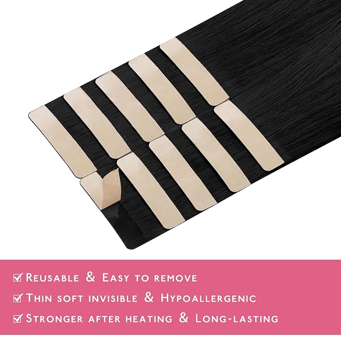 WENNALIFE Tape in Hair Extensions Human Hair Jet Black Tape in Extensions, 10pcs 25g 14 inch Remy Invisible Tape Ins Straight Colored Soft Real Human Hair Tape in Extensions Refill Set Extensions