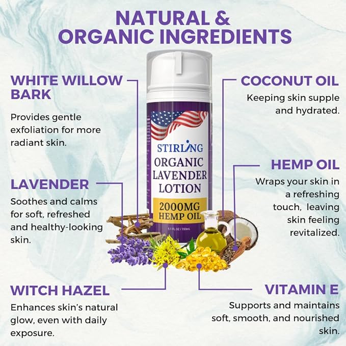 STIRLING Lavender Lotion – Organic Lavender with 2000mg Hemp Oil, Aloe Vera, and Vitamin E – Nourishing and Moisturizing Body Lotion for a Soft and Smooth Feel