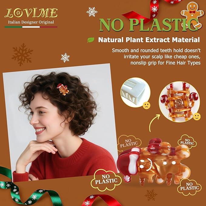 Original Italian Designed Mini Hair Claw Clips for Women- CHRISTMAS Gingerbread Men, Premium Acetate Small Claw, Non Slip Cute Hair Clips for Women with Gift Box
