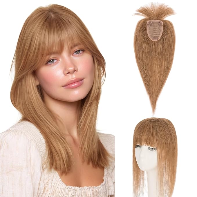 Hairro Human Hair Toppers with Wispy Bangs, 3.5x4.7" Hand-wovened Base for Women with Thinning Hair, Lightweight & Breathable Realistic Scalp, Clip-in Hairpieces for Easy Wear, 16 Inch Blondish Brown