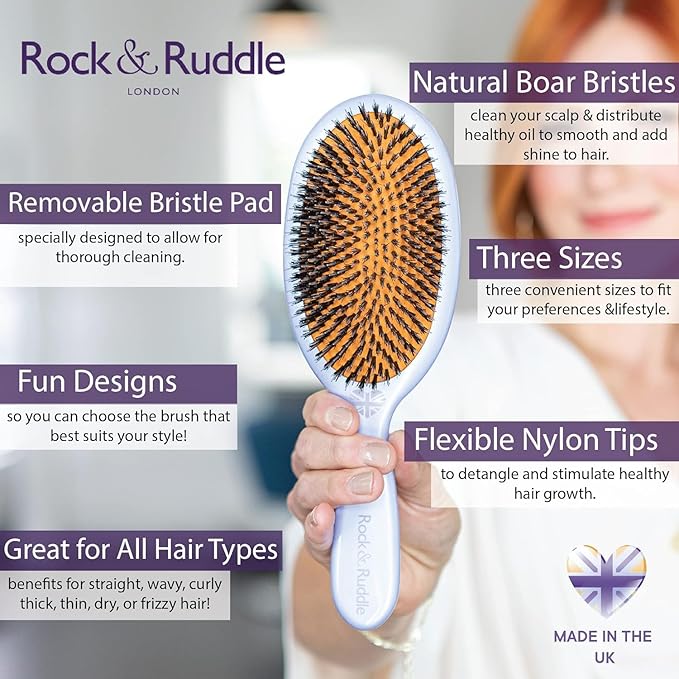 Rock & Ruddle Natural Mixed Boar Bristle Hair Brush for Women and Kids (Small/Travel Size, 17.5cm - Perfect for Wet or Dry Hair, Detangling Smoothing Blowdrying - Made in UK - English Blue