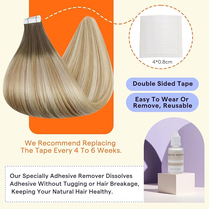 Full Shine Tape Hair Extensions Human Hair 16 Inch 50 Grams Tape in Hair Extensions Double Sided Color 6 Fading to 27 Honey Blonde Highlight 60 Blonde Seamless Skin Weft Extensions 20PCS Add Volume