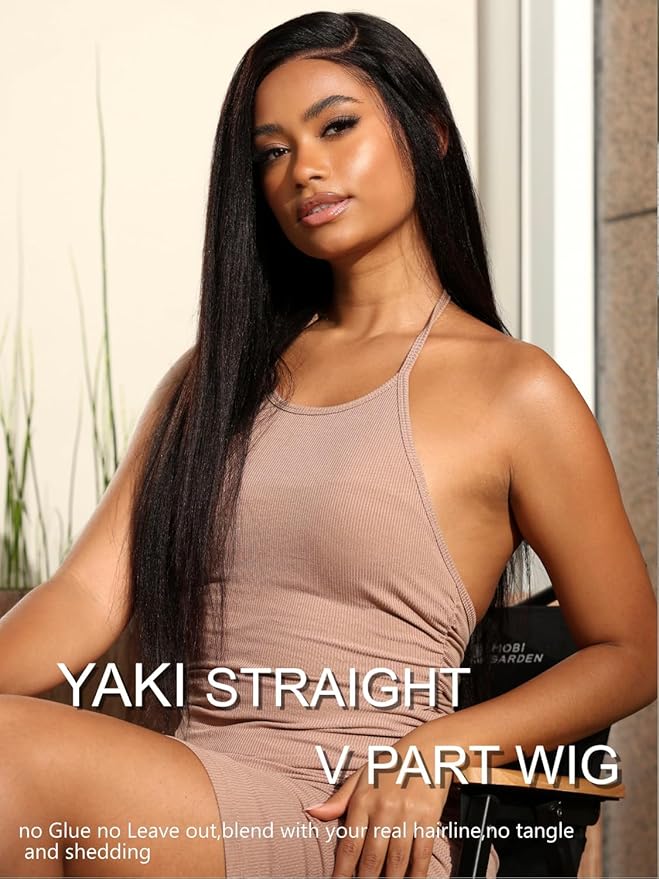 YIROO V Part Wig Yaki Straight Human Hair Wigs for Black Women Upgrade Upart Wig No Leave Out 12A Glueless Kinky Straight 20 Inch