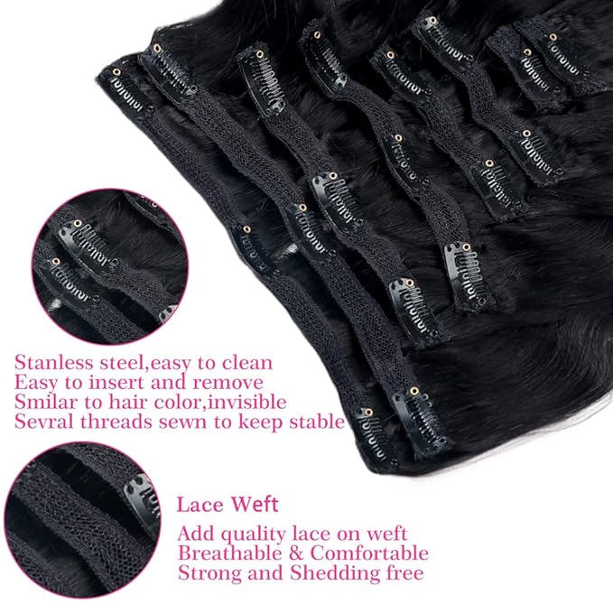Body Wave Clip in Hair Extensions Real Human Hair, 8Pcs Remy Human Hair Clip in Extensions for Women, Natural Soft Human Hair, 120g 14inch #1B Natural Black