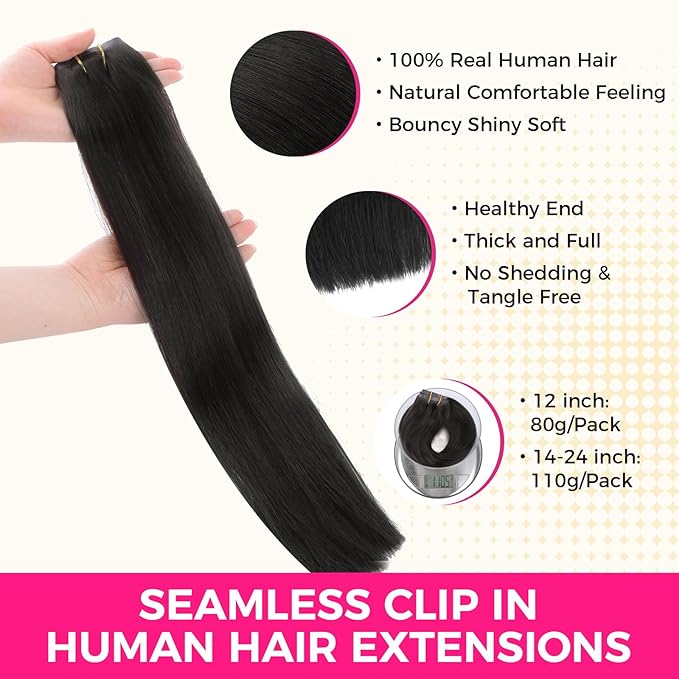 Lashey Seamless Clip in Hair Extensions Real Human Hair, 7pcs 110g 14 Inch Natural Black Straight Clip ins Human Hair Extension for Black Women