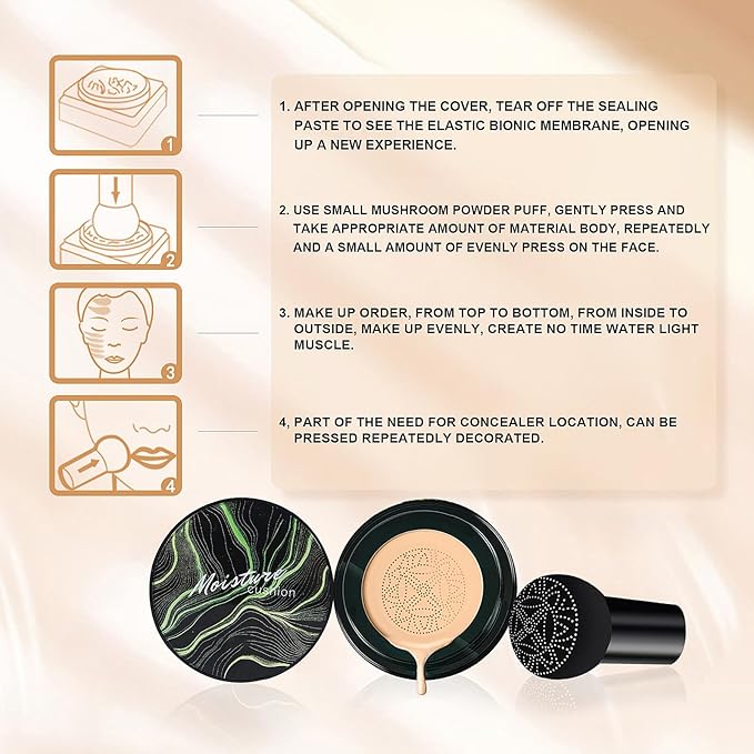 Mushroom Head Air Cushion CC Cream Foundation - Moisturizing & Long-Lasting BB Cream Concealer Makeup Base for All Skin Types, Brighten Long - Lasting Even Color Correcting Concealer (Ivory)