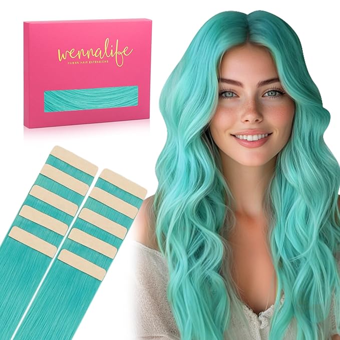 WENNALIFE Tape in Hair Extensions Human Hair Teal Green Tape in Extensions, 10pcs 25g 18 inch Remy Invisible Tape Ins Straight Colored Soft Real Human Hair Tape in Extensions Refill Set Extensions