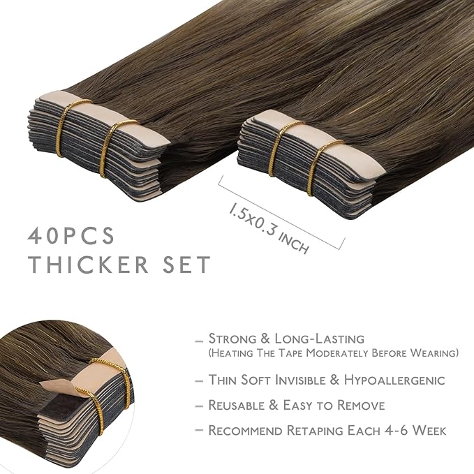 WENNALIFE Tape in Hair Extensions Human Hair, 40pcs 100g 18 inch Balayage Chocolate Brown to Honey Blonde Hair Extensions Real Human Hair Straight Tape in Extensions Reusable Real Hair Extensions