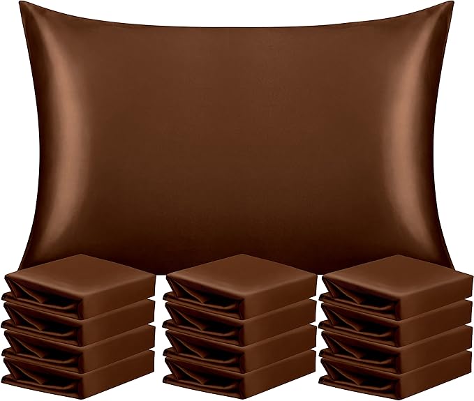 NTBAY 12 Pack Satin Queen Pillowcases for Hair and Skin, Luxurious and Silky Pillow Cases with Envelope Closure, 20 x 30 Inches, Brown