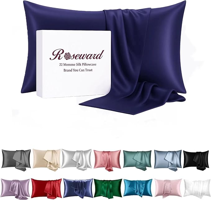 Oeko-TEX Certified Navy Silk Pillow Cases Queen Made in USA, 22 Momme, 100% Natural Mulberry Silk Pillowcase for Women Hair and Skin, Organic (Navy Blue, Queen)