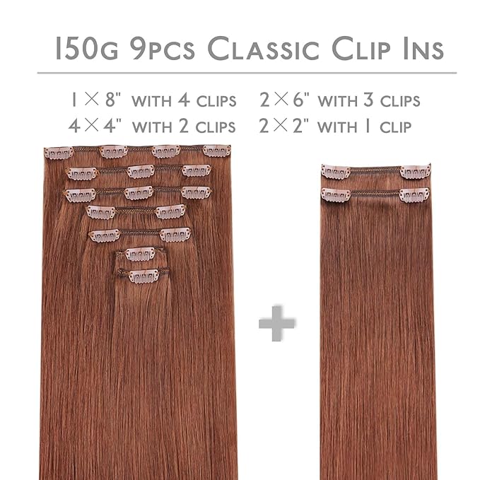 WENNALIFE Clip in Hair Extensions Real Human Hair, 16 Inch 150g 9pcs Human Hair Extensions Clip In, Dark Auburn Copper Hair Extensions Clip In Real Hair Coloured Remy Human Hair Extensions